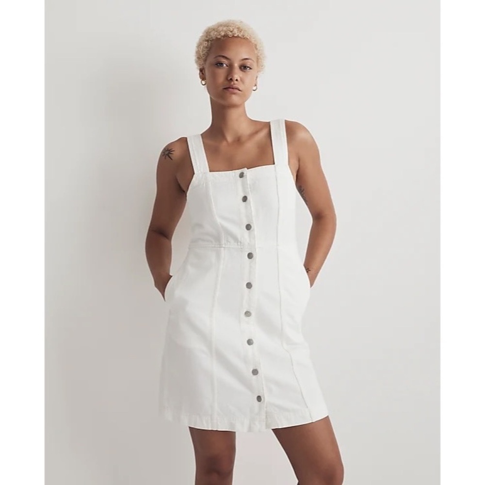 Madewell Square Neck Linen Blend Sleeveless Tank Mini Dress Side Pockets, Size M